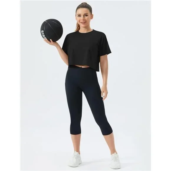 Women's Workout Crop Top T-Shirt Short Sleeve Boxy Running Cropped Basic Tee - Picture 6 of 7